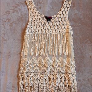 Vintage Y2K  Tank Top Sz XL Crochet Festival Bohemian Fringe Sheer Hippie Flower